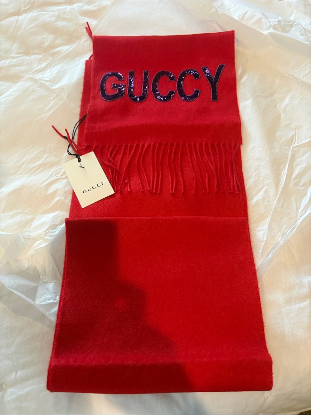 Authentic Gucci Red Fringe Scarf with GUCCY Sequin Logo purple